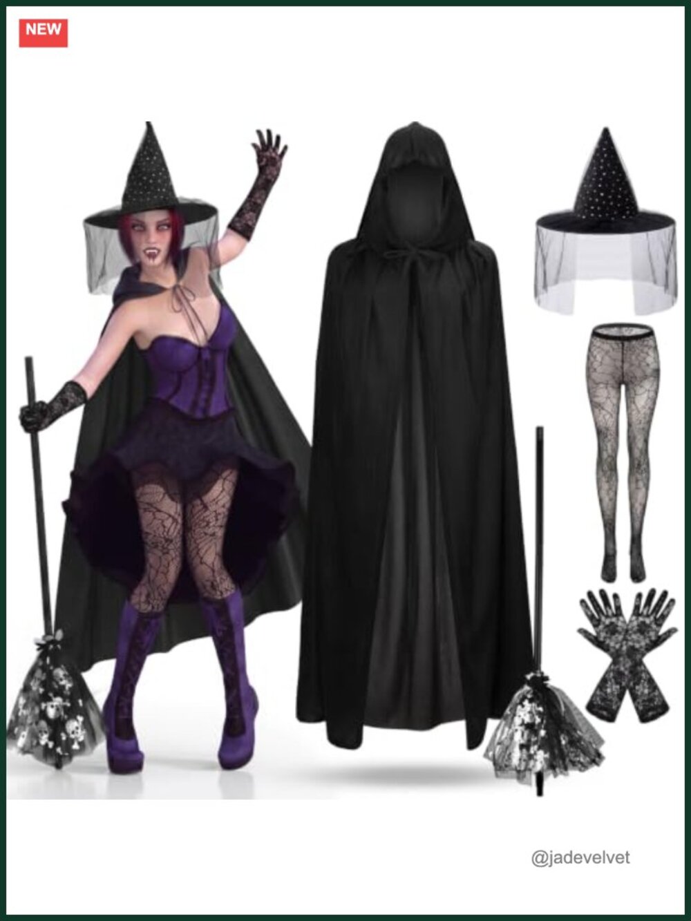 Witch Costume Set 5 Pcs Hooded Cape Sequin Hat Broom Gloves Socks Adult